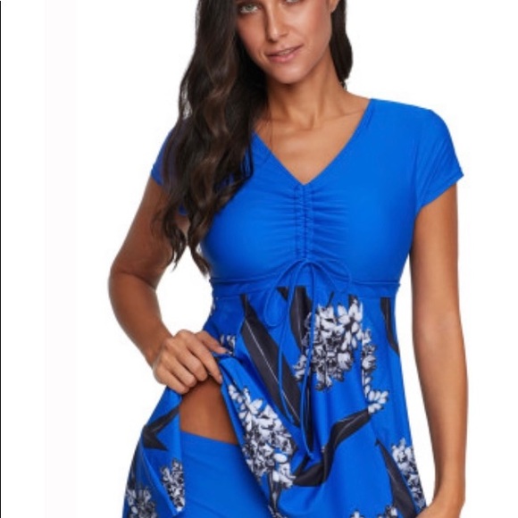 BLUE PRINTED SHORT SLEEVE SWIMSUIT WITH BOY-SHORT - Picture 2 of 6
